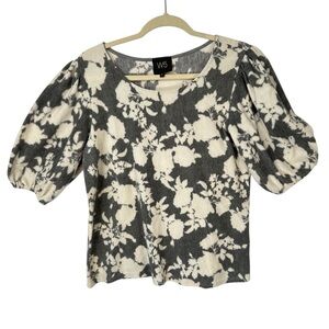 W5 Grey White Floral Short Sleeve Pullover Fleece Top Women Medium Cozycore